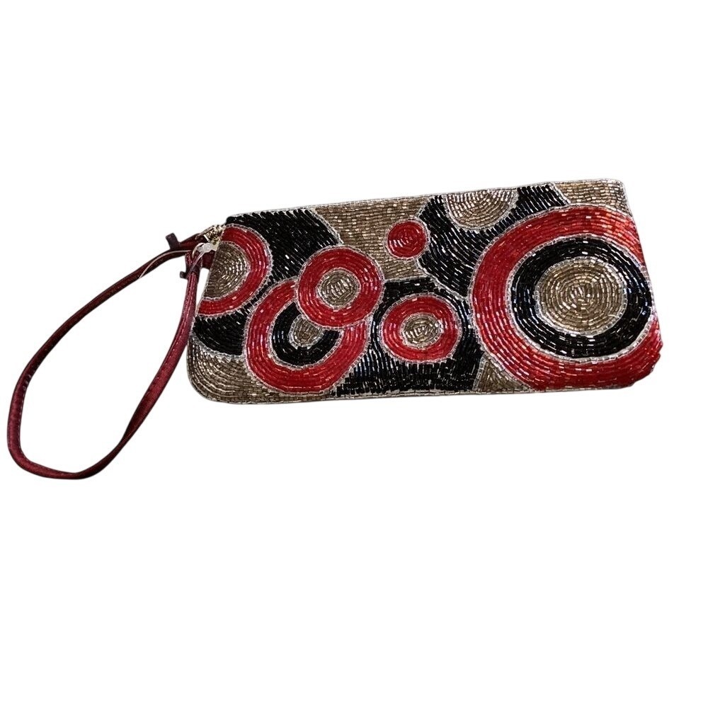 Liz Claiborne Beaded Wristlet Clutch Red Black Gold Geometric Circle Evening Bag